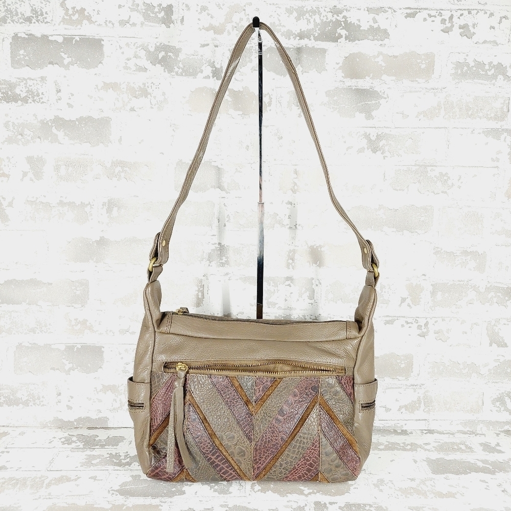 Great American Taupe Tan Purple Pattern Leather Works Shoulder Purse 0814